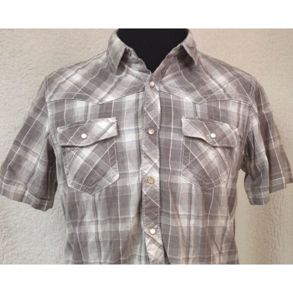 HELIX Mens Large Grey Plaid Short Sleeve Pearl Snap Western Cowboy Shirt - Picture 3 of 11